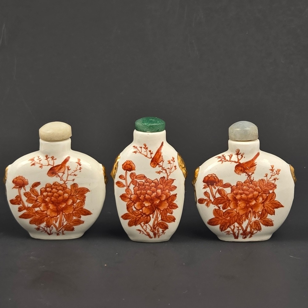 Vintage Chinese Porcelain Snuff Bottle Lot 3 Jingdezhen Rouge De Fer Gilt